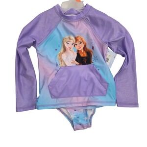 Disney Frozen Elsa Anna 2-Piece Rash Guard Swimsuit Set Purple Blue 4T NEW
